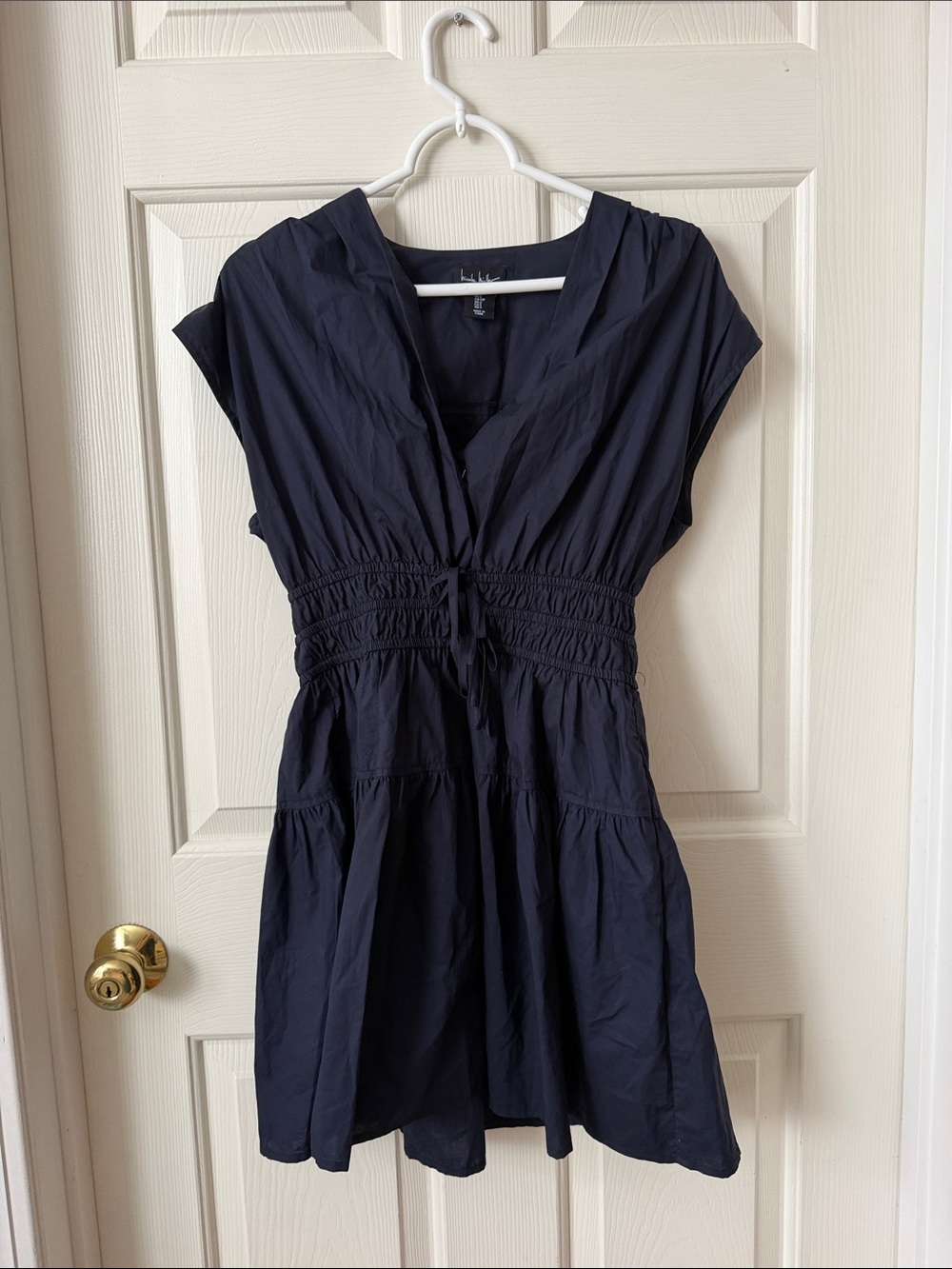 Smocked Waist Navy Mini Dress with V-Neck Tie